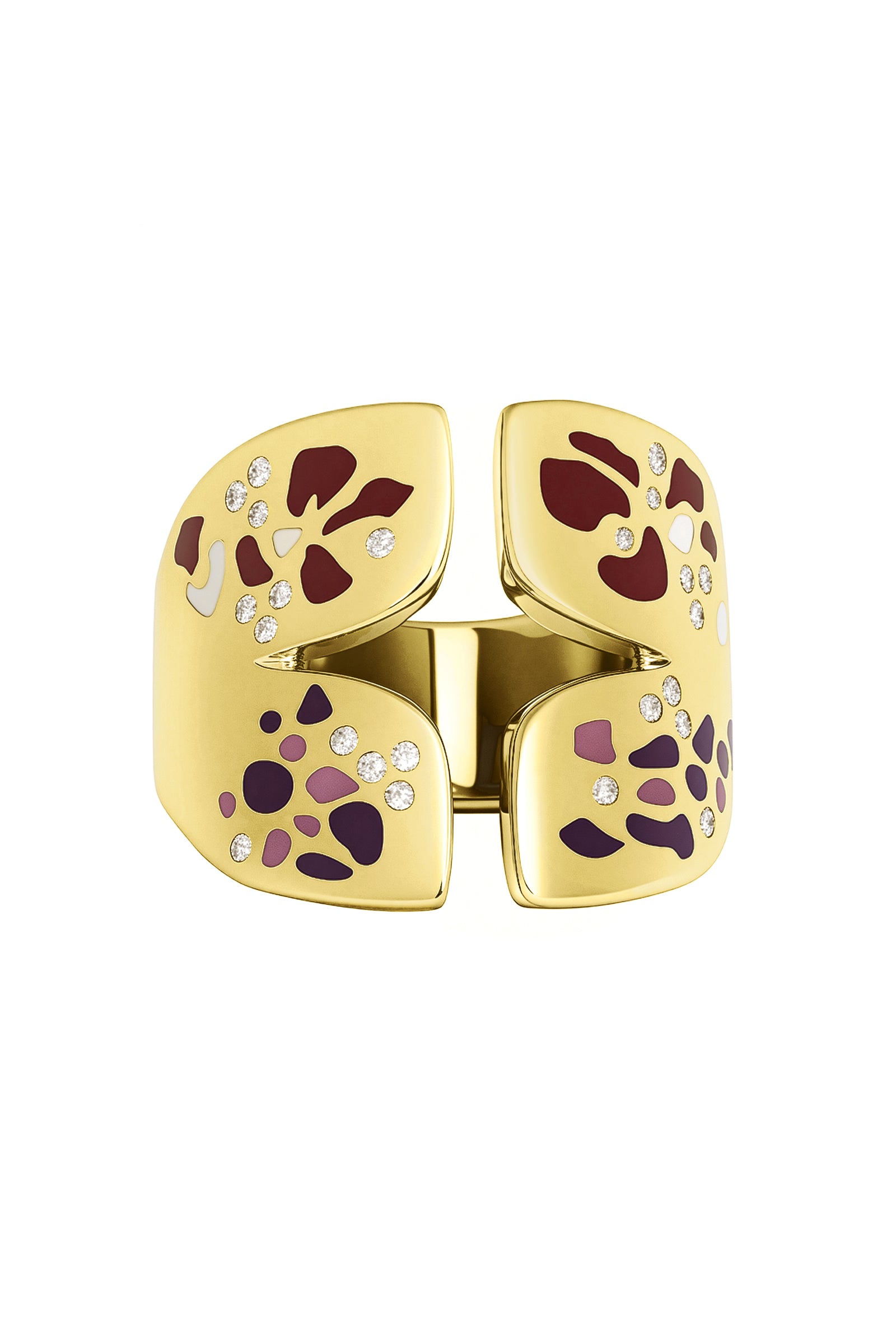 Gold ring with floral design on a white background