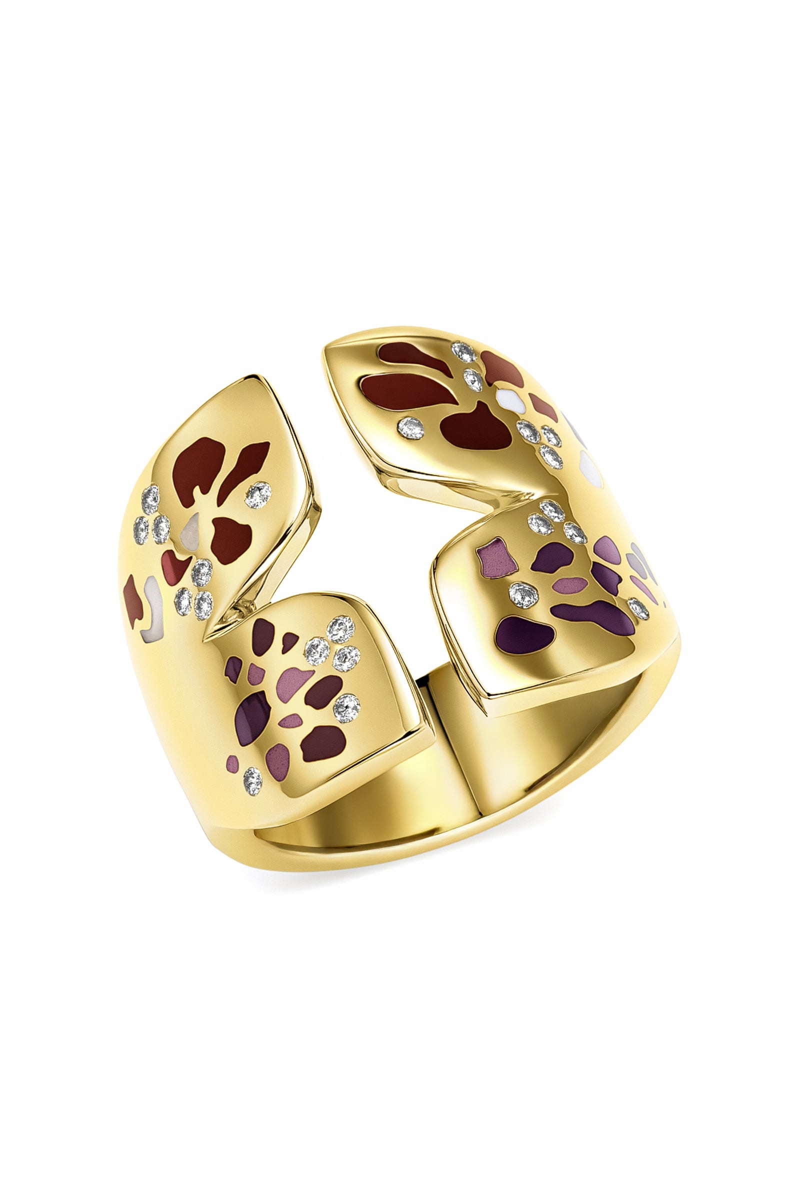Gold ring with floral design on a white background